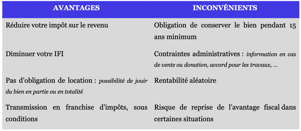 Avantages et inconvénients d'investir en monuments historiques