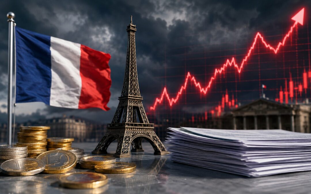 Dette française : drapeau tricolore, tour Eiffel et courbe des taux en forte hausse