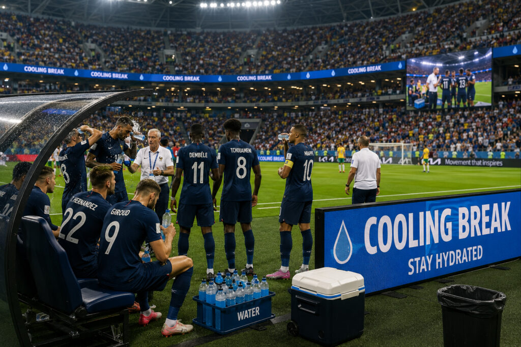 Pause de fraîcheur pendant un match, panneaux « Cooling Break » autour du terrain