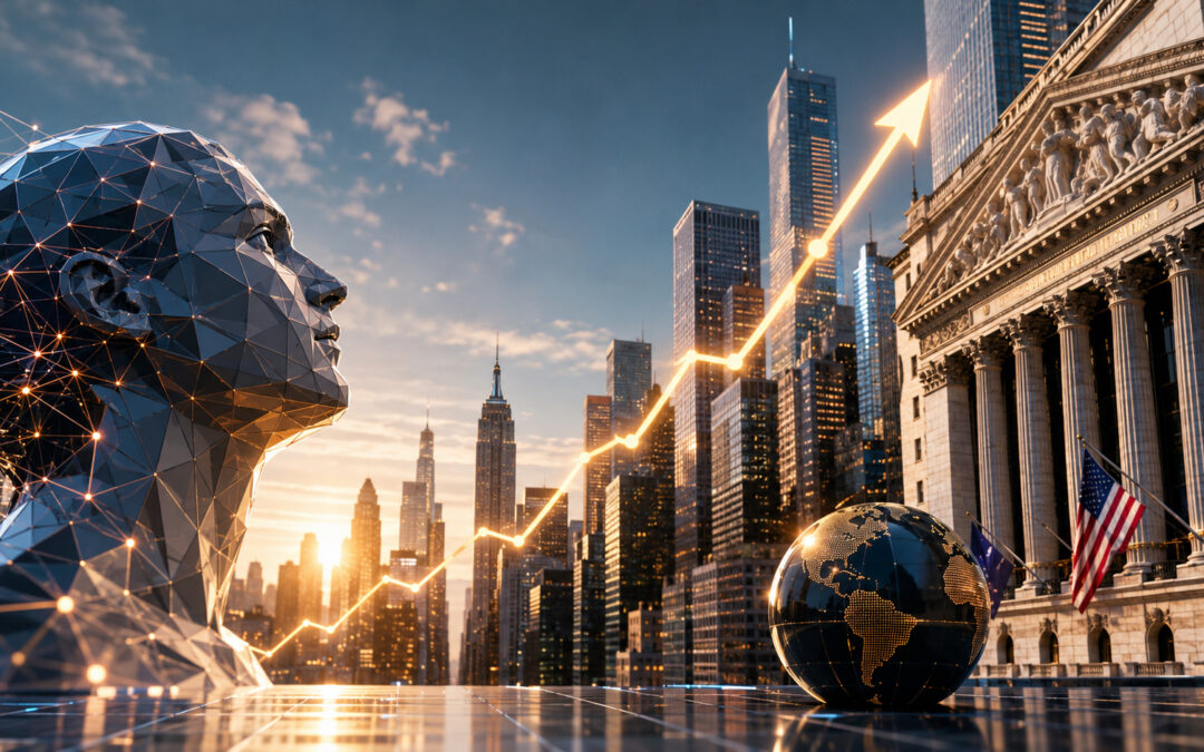 IPO Anthropic : tête d’intelligence artificielle en réseau face aux gratte-ciel de Wall Street, courbe boursière ascendante et façade à colonnes du New York Stock Exchange