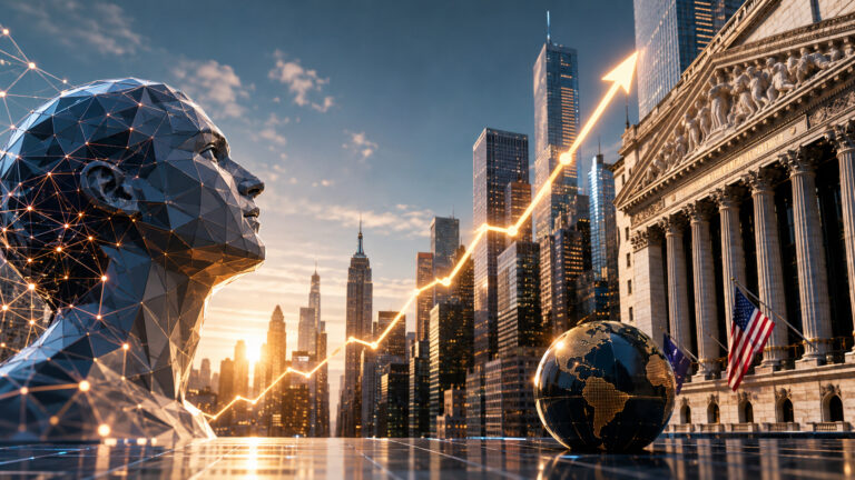 IPO Anthropic : tête d’intelligence artificielle en réseau face aux gratte-ciel de Wall Street, courbe boursière ascendante et façade à colonnes du New York Stock Exchange
