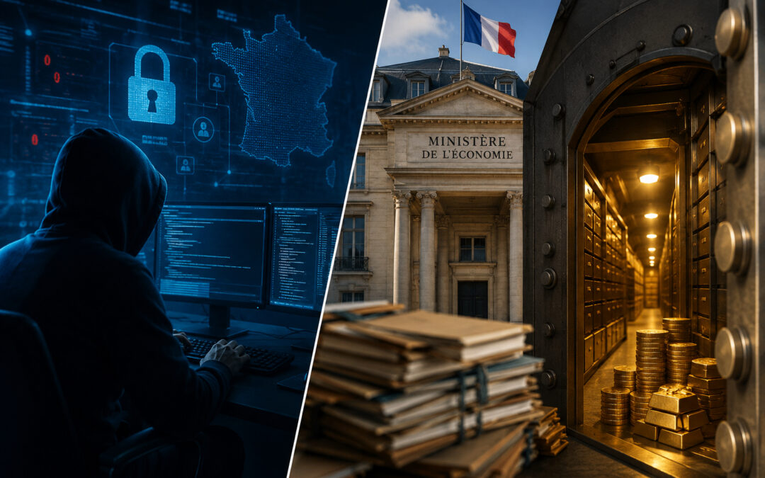 Cyberattaque au fisc et successions vacantes : un pirate encapuchonné devant une carte de France numérique, le ministère de l’Économie et un coffre-fort rempli de dossiers et de lingots