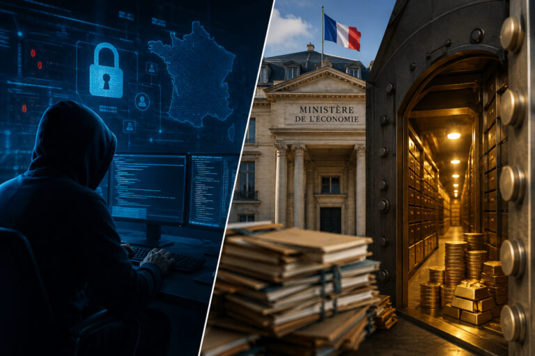 Cyberattaque au fisc et successions vacantes : un pirate encapuchonné devant une carte de France numérique, le ministère de l’Économie et un coffre-fort rempli de dossiers et de lingots
