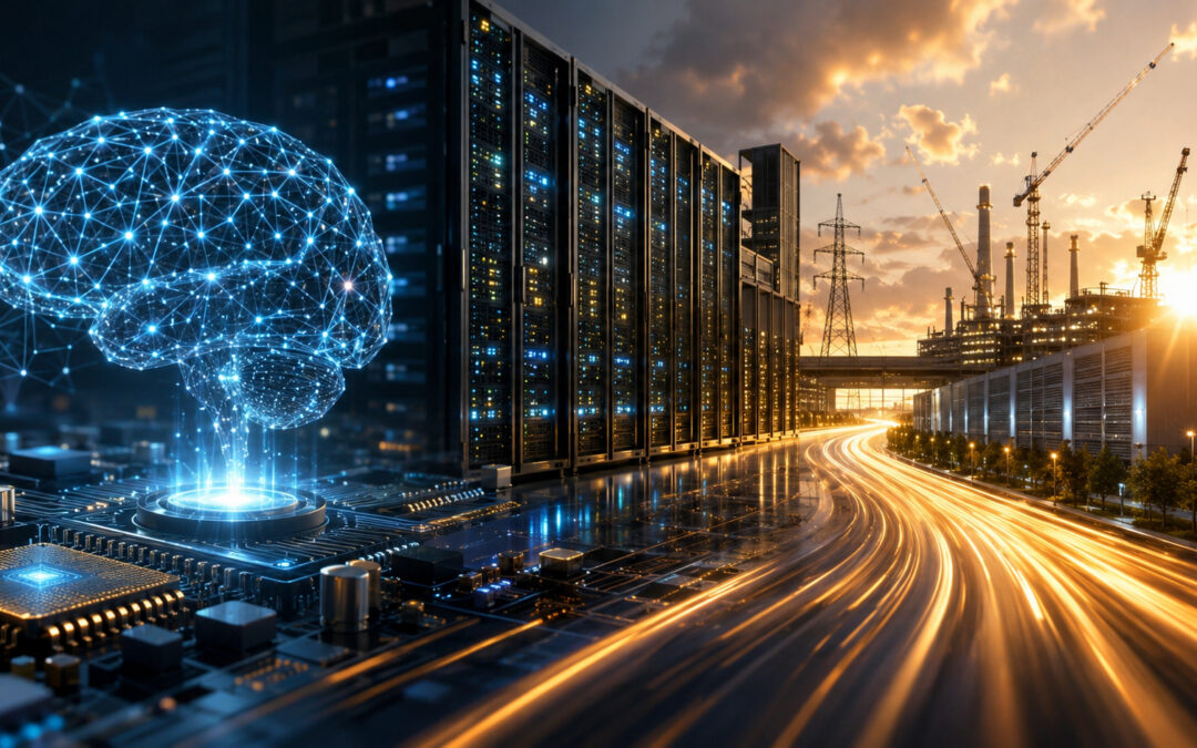 IA et inflation : cerveau numérique lumineux au-dessus d’un processeur, rangée de serveurs de data center, lignes à haute tension et grues de chantier au coucher du soleil