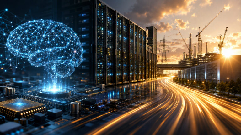 IA et inflation : cerveau numérique lumineux au-dessus d’un processeur, rangée de serveurs de data center, lignes à haute tension et grues de chantier au coucher du soleil