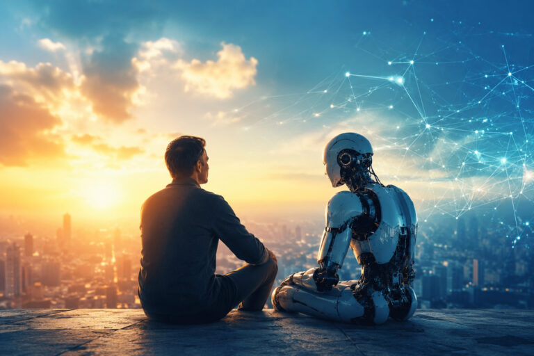 Faut-il avoir peur de l’IA : un homme et un robot humanoïde assis côte à côte au sommet d’un immeuble, regardant le coucher de soleil sur une ville, un réseau de points lumineux dans le ciel