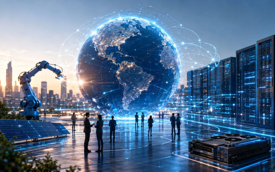 Investissements mondiaux dans l’IA : globe terrestre numérique relié par un réseau lumineux, baies de serveurs, bras robotisé, panneaux solaires et professionnels en discussion devant une skyline au crépuscule