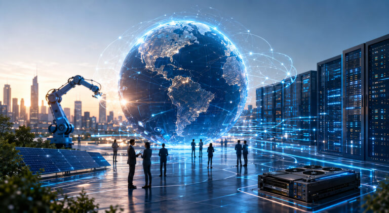 Investissements mondiaux dans l’IA : globe terrestre numérique relié par un réseau lumineux, baies de serveurs, bras robotisé, panneaux solaires et professionnels en discussion devant une skyline au crépuscule