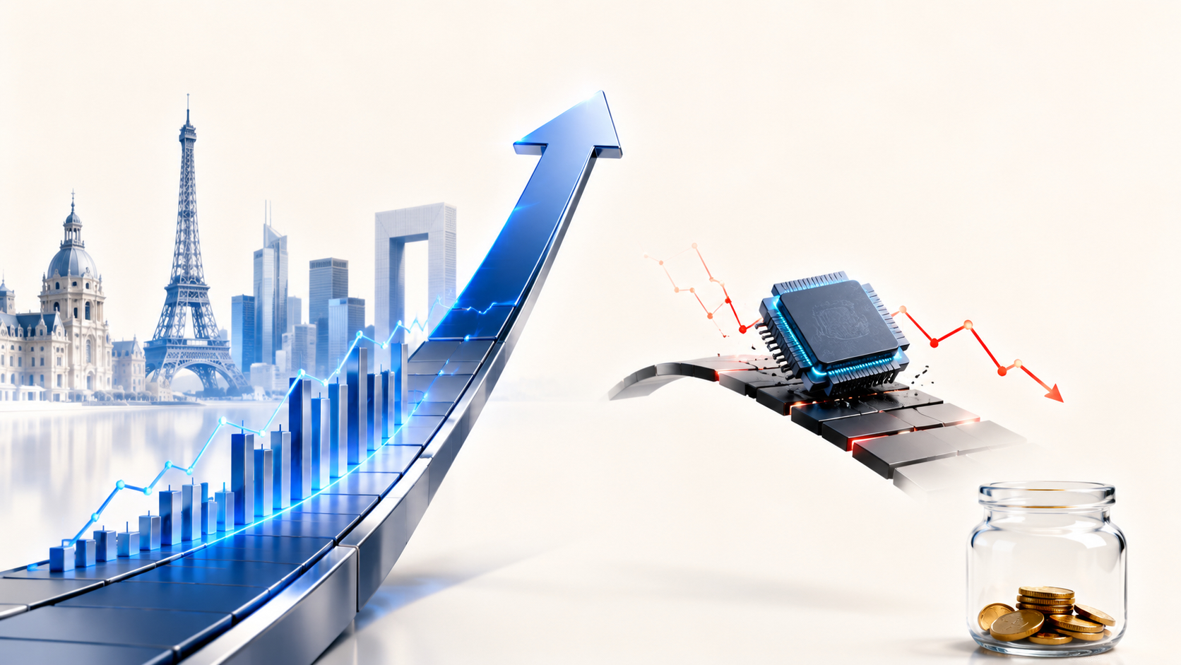 Le Dow trace, le Nasdaq doute — illustration pop-art QuickFi