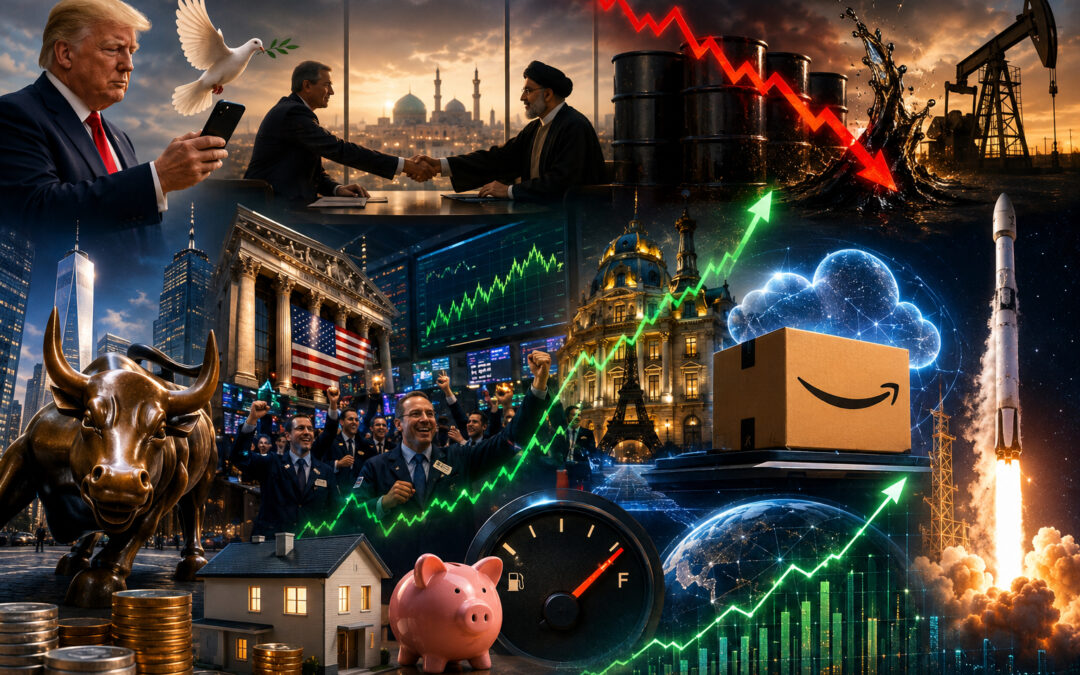 Le baril plonge, la Bourse s’envole — illustration pop-art QuickFi