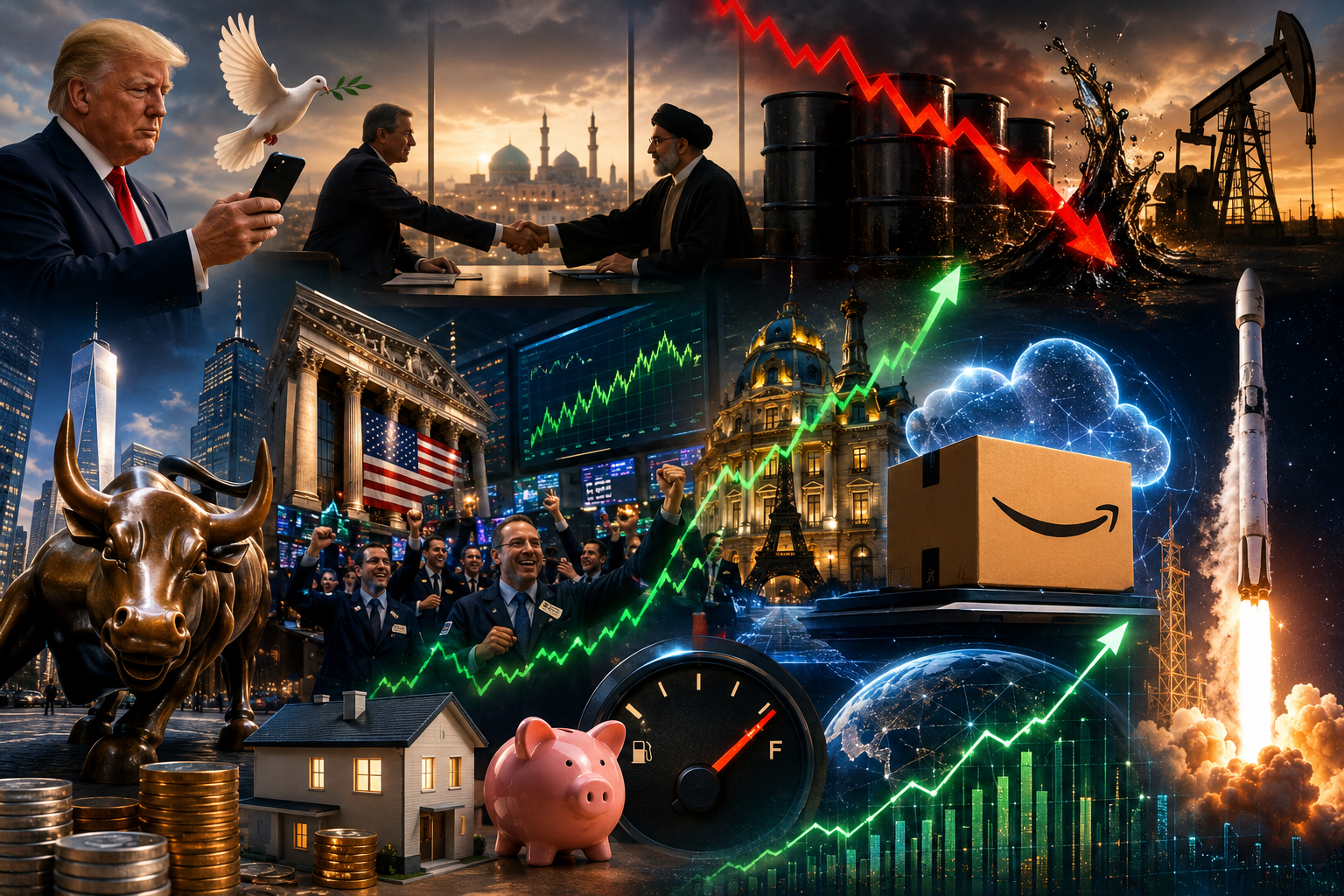 Le baril plonge, la Bourse s’envole — illustration pop-art QuickFi