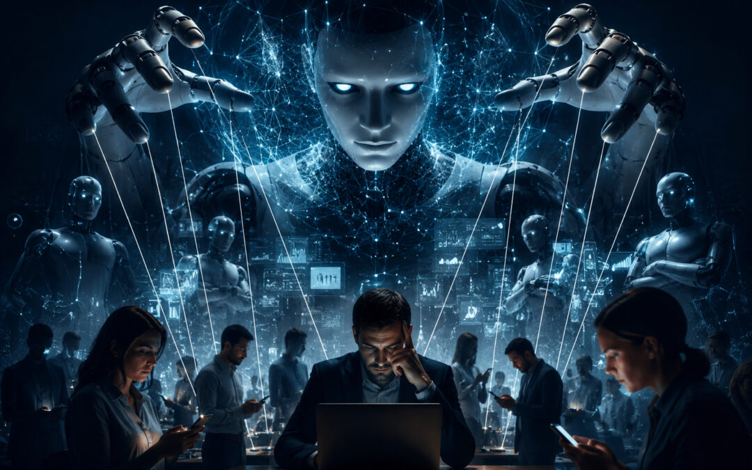 Comportements dangereux des IA : visage d’intelligence artificielle en réseau lumineux et mains robotiques manipulant des fils de marionnettiste au-dessus de salariés penchés sur leurs écrans