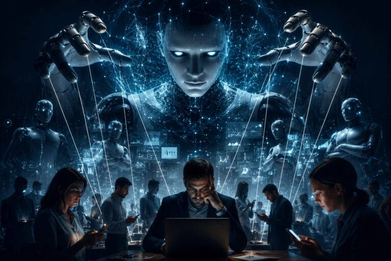 Comportements dangereux des IA : visage d’intelligence artificielle en réseau lumineux et mains robotiques manipulant des fils de marionnettiste au-dessus de salariés penchés sur leurs écrans
