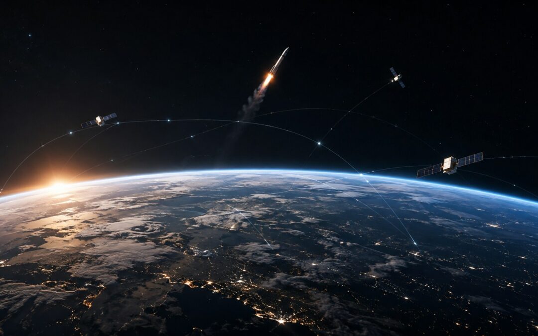 Économie spatiale : lancement d’une fusée vue depuis l’orbite, satellites et constellation reliés par des arcs lumineux au-dessus de la Terre éclairée par les lumières des villes