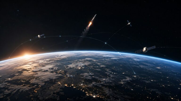 Économie spatiale : lancement d’une fusée vu depuis l’orbite, satellites reliés par des arcs lumineux au-dessus de la Terre éclairée par les lumières des villes
