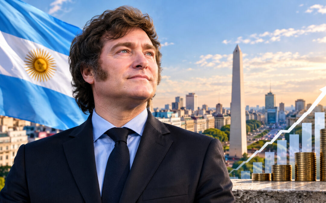 Économie argentine sous Milei : drapeau argentin et courbe de désinflation illustrant le redressement des comptes publics depuis 2023