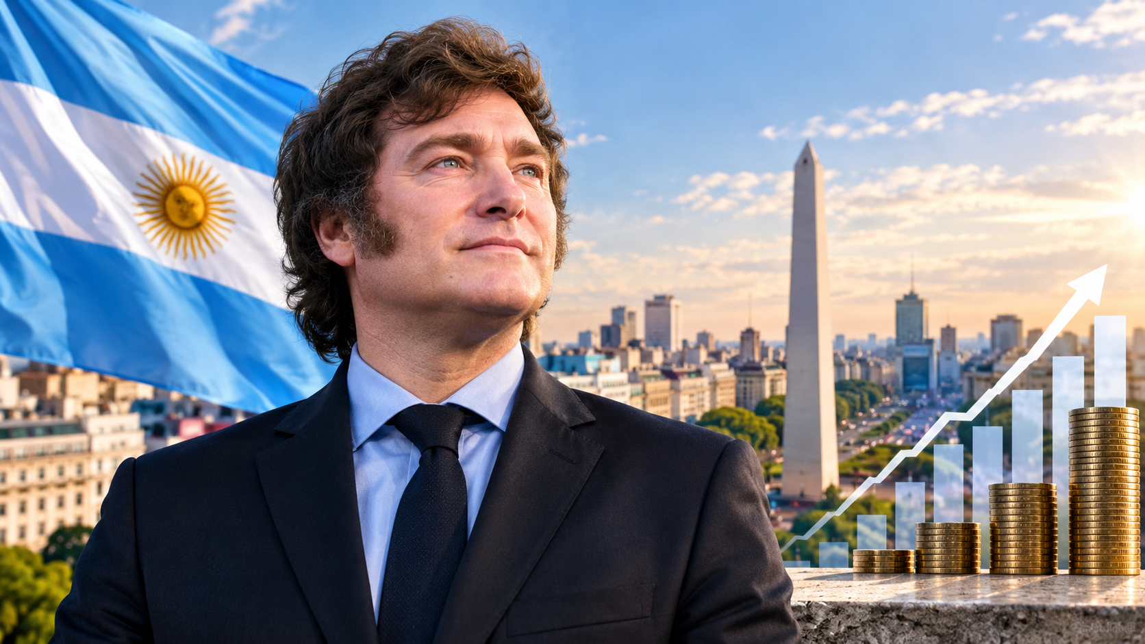 Économie argentine sous Milei : drapeau argentin et courbe de désinflation illustrant le redressement des comptes publics depuis 2023