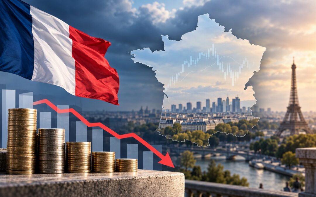 Croissance France 2026 : drapeau français, courbe boursière orientée à la baisse et carte de France
