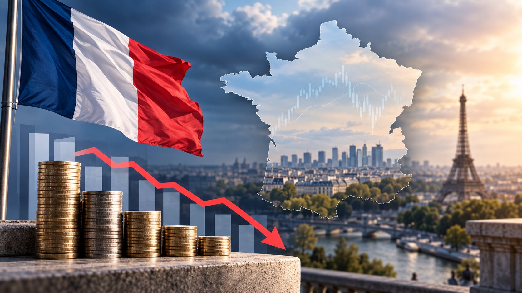 Croissance France 2026 : drapeau français, courbe boursière orientée à la baisse et carte de France