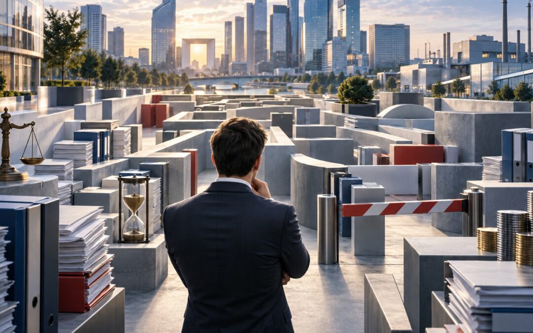 Fiscalité des entreprises : un dirigeant face à un labyrinthe de normes, dossiers et barrières devant La Défense