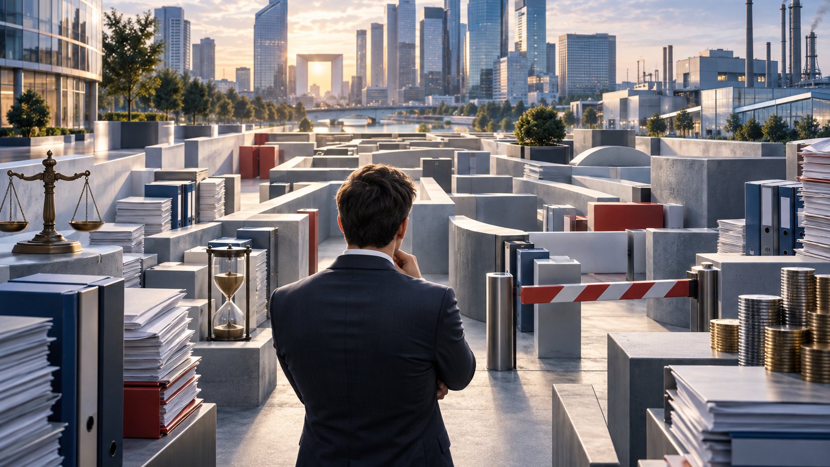 Fiscalité des entreprises : un dirigeant face à un labyrinthe de normes, dossiers et barrières devant La Défense