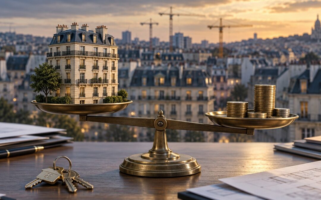Investissement locatif immobilier : balance entre un immeuble haussmannien et des piles de pièces, Paris en arrière-plan