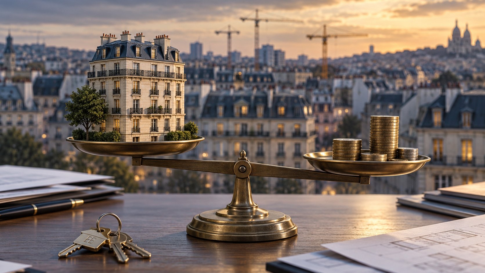 Investissement locatif immobilier : balance entre un immeuble haussmannien et des piles de pièces, Paris en arrière-plan