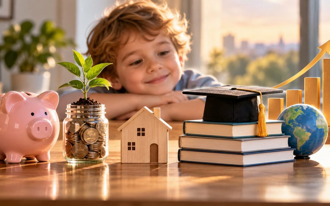 Placement pour enfant : tirelire, bocal de pièces, maison en bois et toque de diplômé devant un enfant souriant
