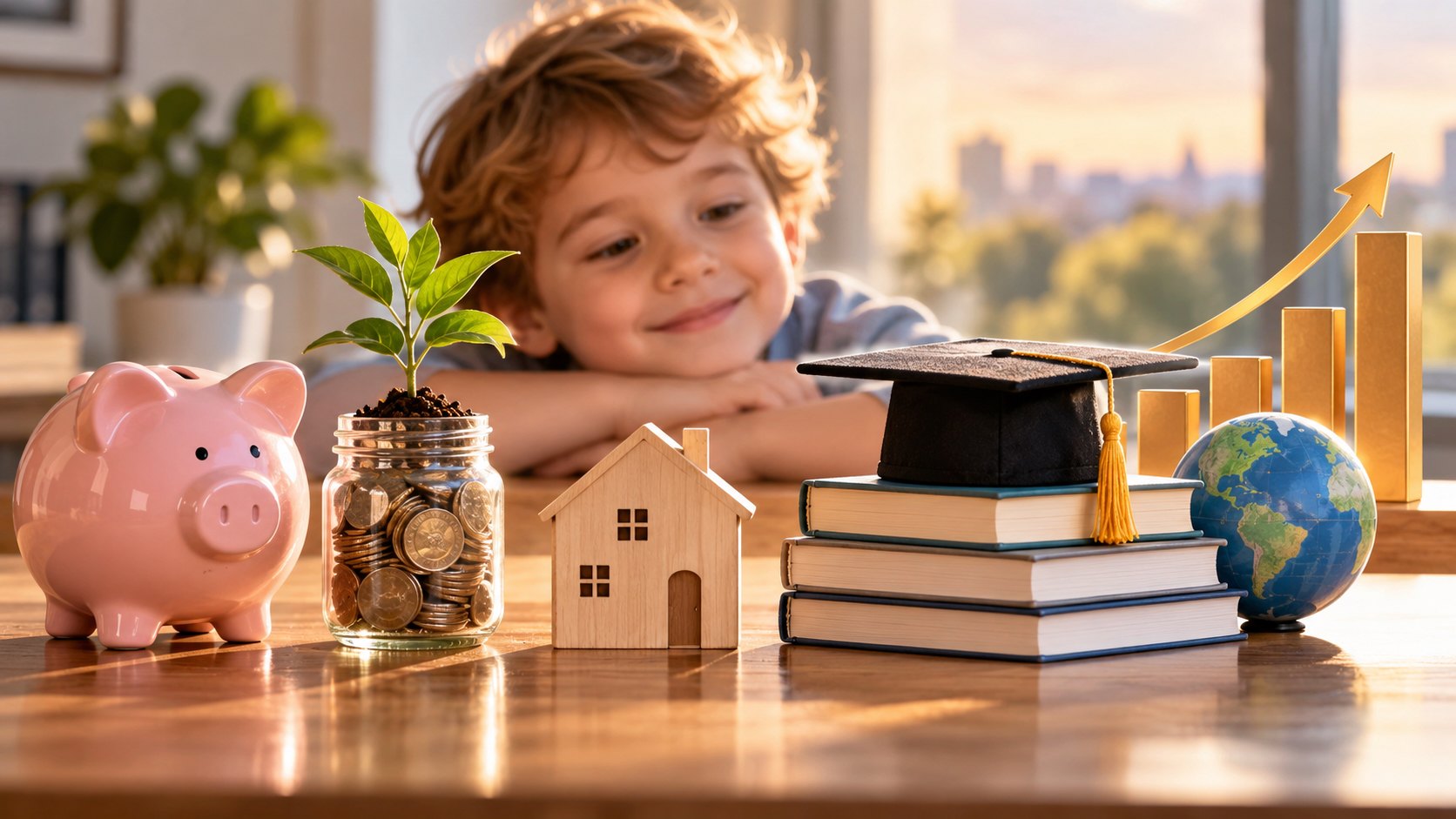 Placement pour enfant : tirelire, bocal de pièces, maison en bois et toque de diplômé devant un enfant souriant