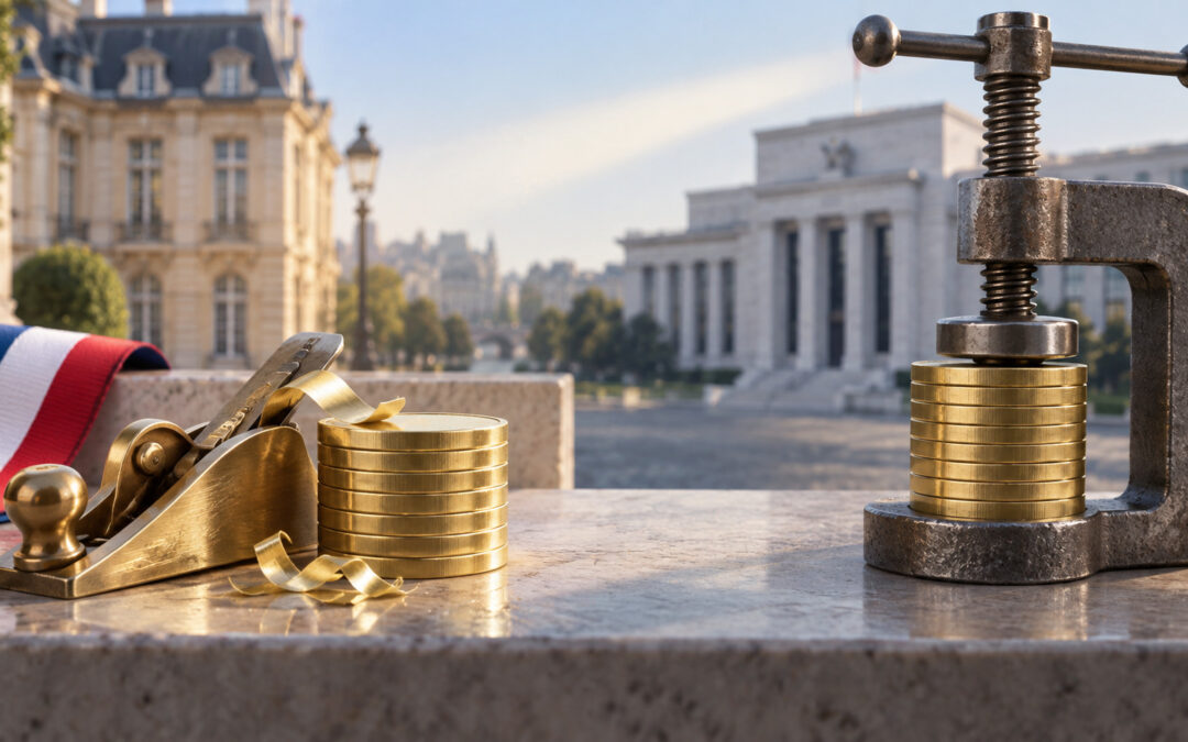 La Fed resserre, Bercy rabote : un rabot en laiton retire une fine couche d’une pile de pièces, face à un étau métallique resserrant une seconde pile devant des bâtiments institutionnels — QuickFi du 14 septembre 2026.