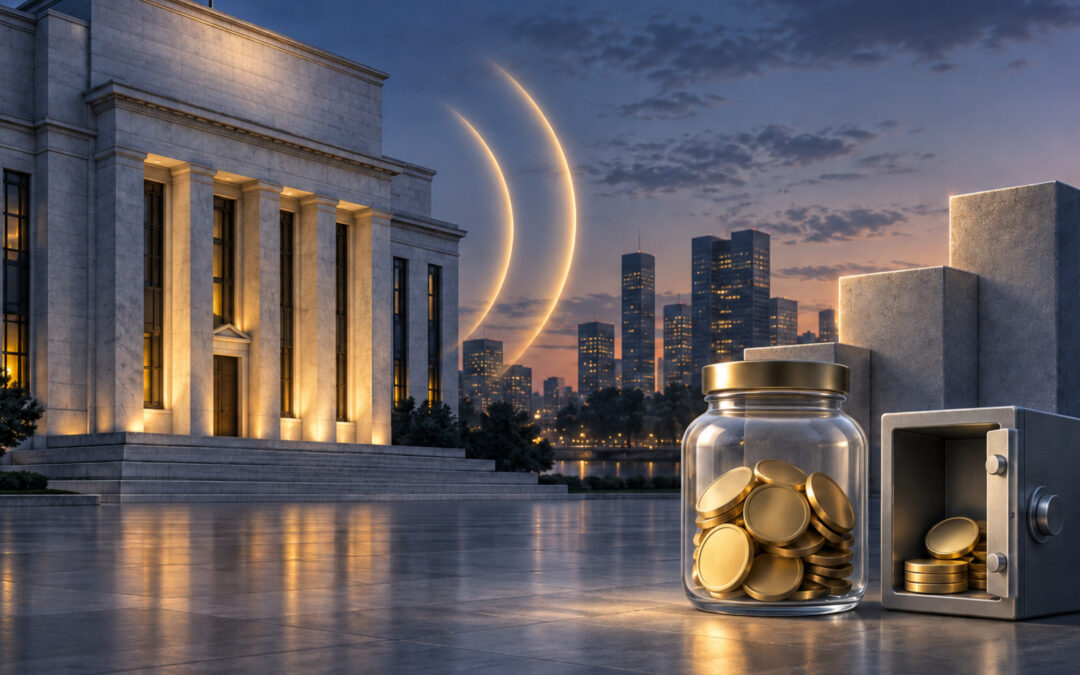 La Fed parle, l’épargne écoute — une banque centrale émet des ondes lumineuses vers un bocal d’épargne et un coffre rempli de pièces dorées.