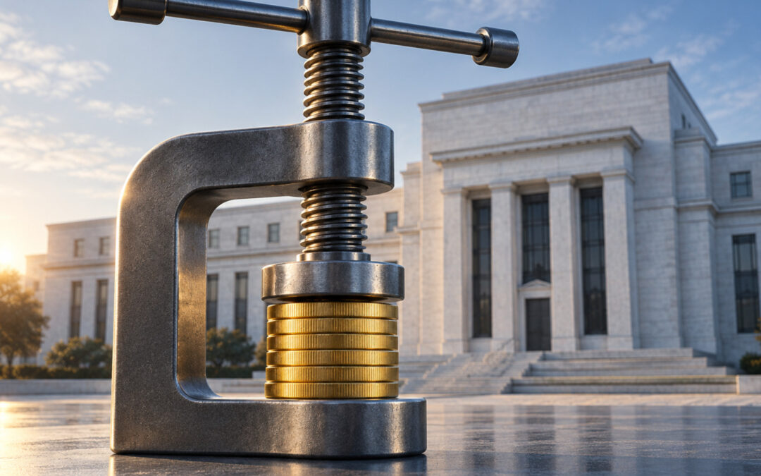 La Fed serre la vis, la suite est écrite — une presse métallique resserre une pile de pièces dorées devant un bâtiment de banque centrale.