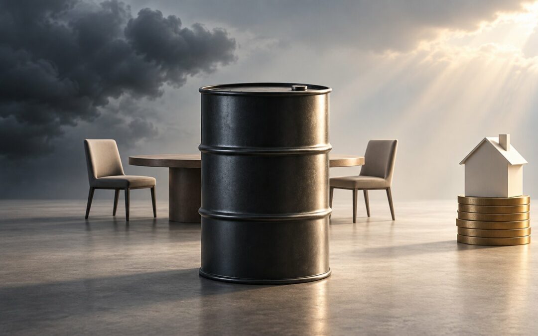 Un baril de pétrole noir devant une table de négociation, entre un ciel d’orage et une éclaircie, avec une maison posée sur des disques dorés.