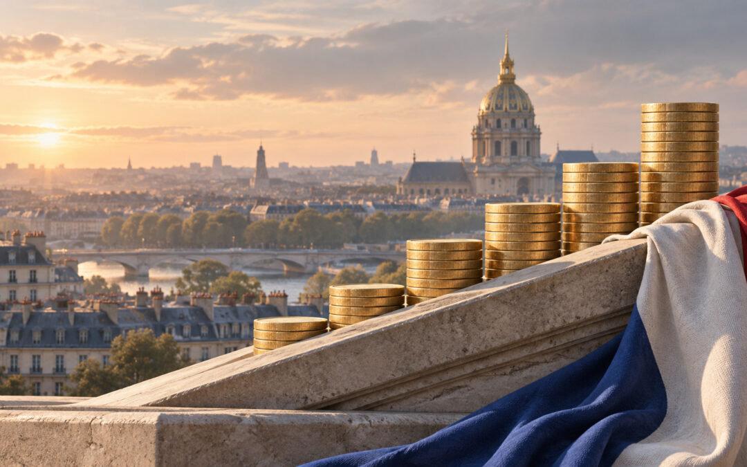 Des piles de pièces dorées montent le long d’une rampe de pierre devant les toits de Paris et le dôme des Invalides, près d’un drapé bleu, blanc et rouge — la dette française prend de l’altitude, QuickFi du 25 septembre 2026