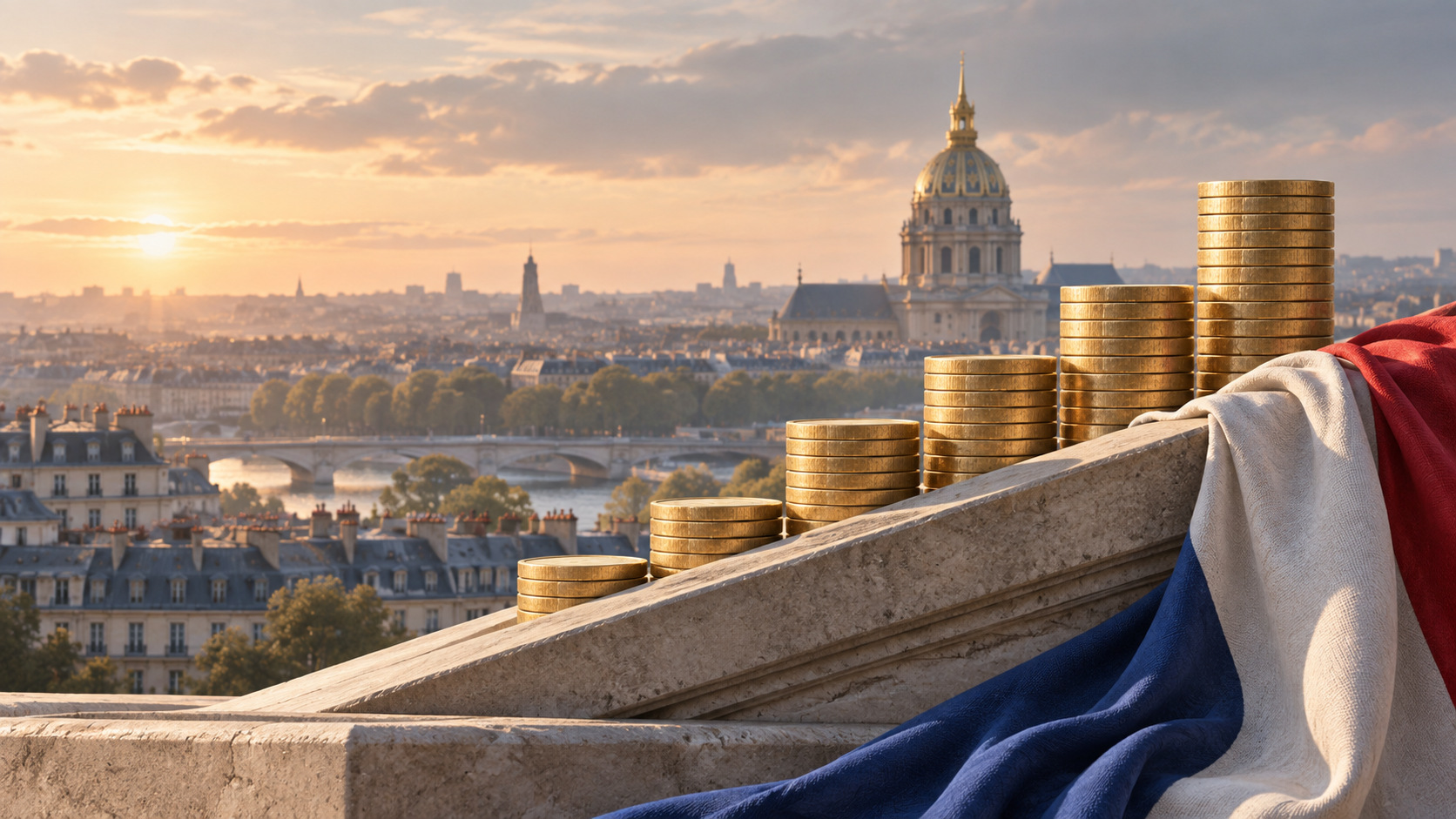 Des piles de pièces dorées montent le long d’une rampe de pierre devant les toits de Paris et le dôme des Invalides, près d’un drapé bleu, blanc et rouge — la dette française prend de l’altitude, QuickFi du 25 septembre 2026