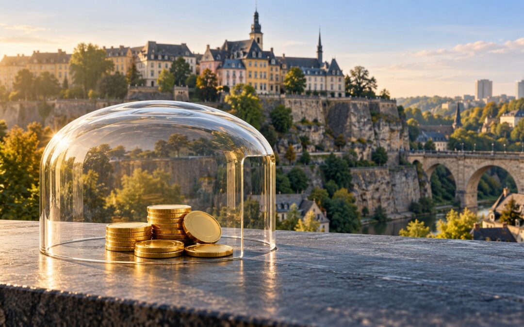 Assurance-vie luxembourgeoise : pièces dorées sous une cloche de verre ouverte, devant la vieille ville de Luxembourg