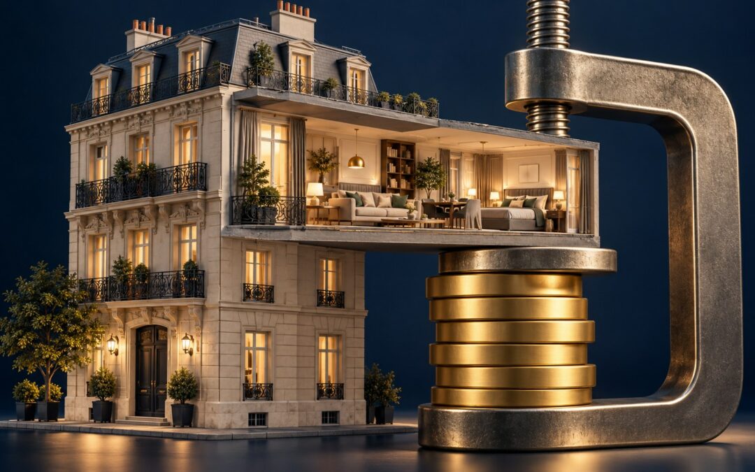 Fiscalité LMNP 2027 : immeuble avec appartement meublé et étau comprimant des pièces dorées, illustration de la pression fiscale