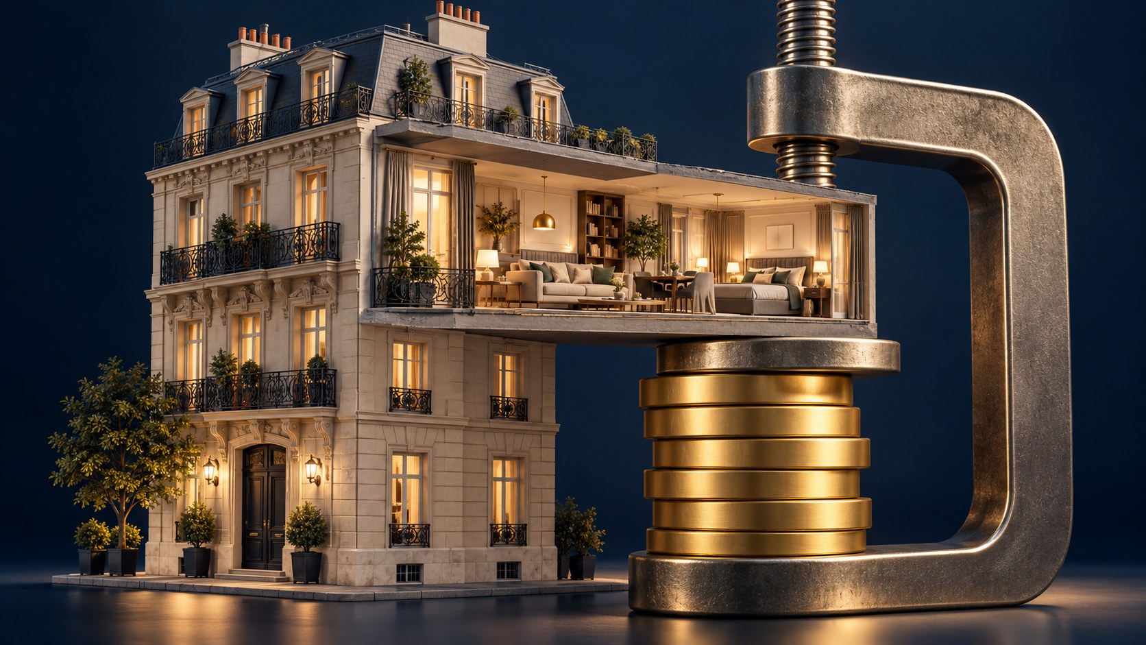Fiscalité LMNP 2027 : immeuble avec appartement meublé et étau comprimant des pièces dorées, illustration de la pression fiscale