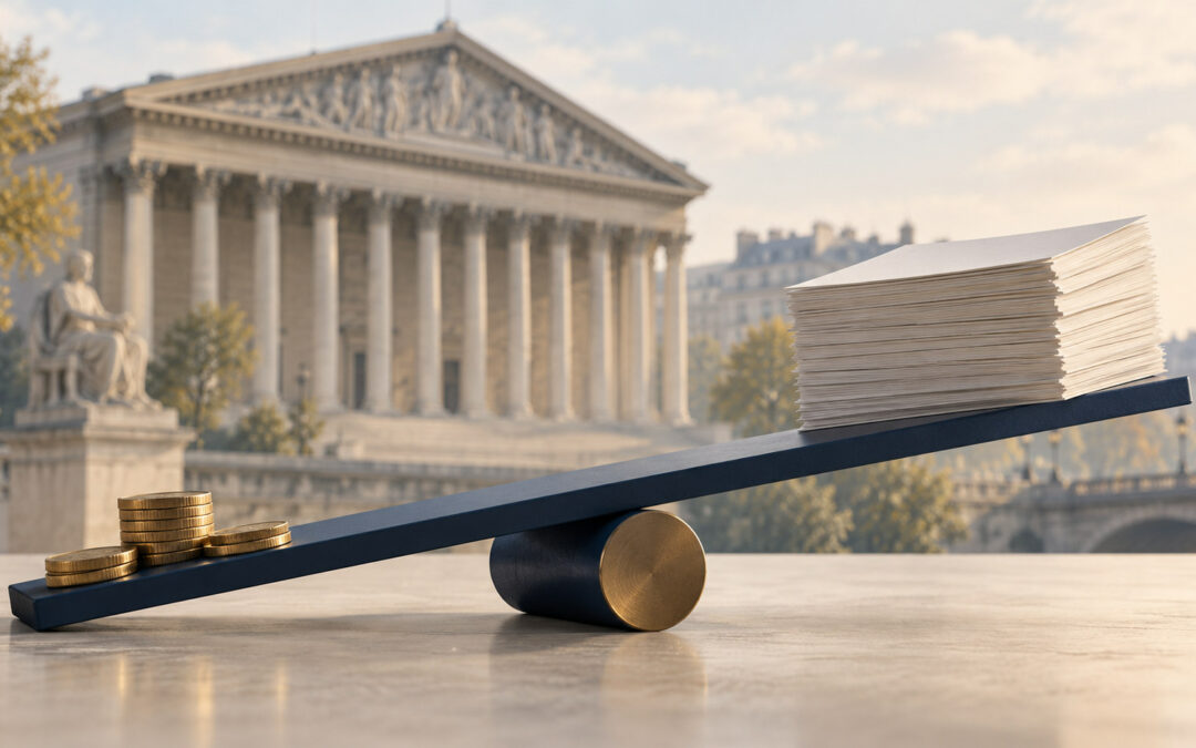 Le loyer de la dette augmente : une pile de feuilles vierges et des pièces aux deux extrémités d’une barre inclinée, devant un bâtiment public à colonnes